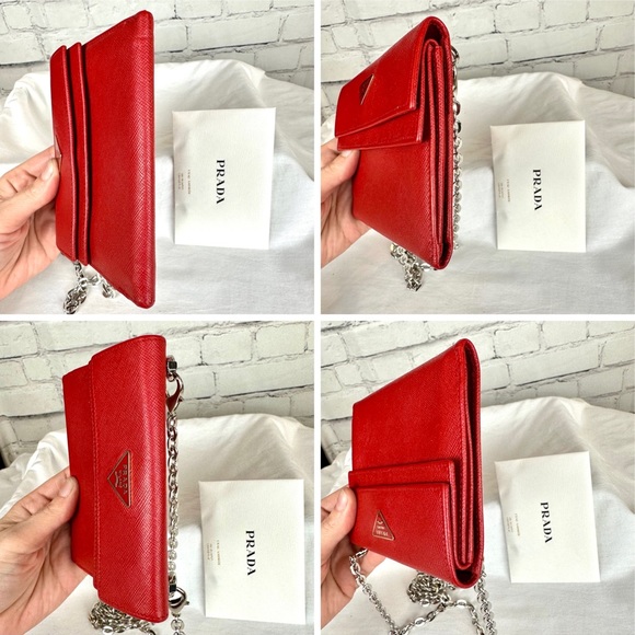 PRADA Saffiano red leather compact mini wallet crossbody bag - Picture 13 of 16